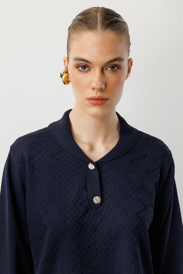 Büyük Beden Düğme Detaylı Triko Kazak-LACI