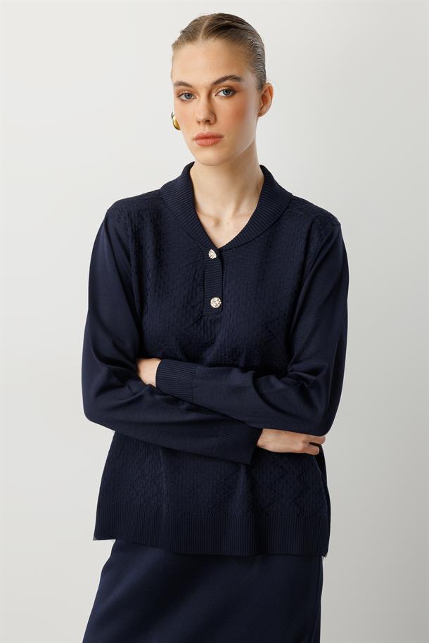 Büyük Beden Düğme Detaylı Triko Kazak-LACI