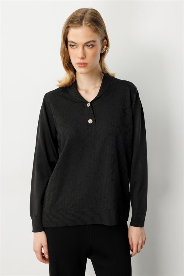 Büyük Beden Düğme Detaylı Triko Kazak-SİYAH