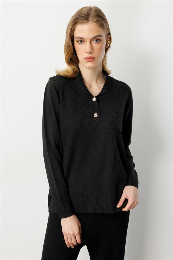 Büyük Beden Düğme Detaylı Triko Kazak-SİYAH