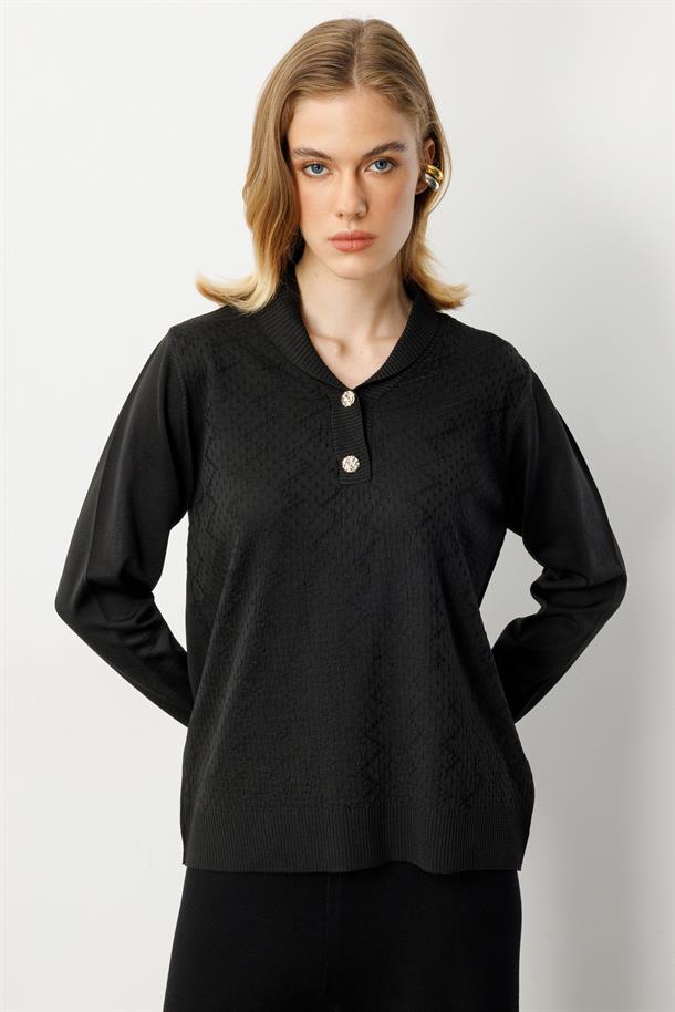 Büyük Beden Düğme Detaylı Triko Kazak-SİYAH