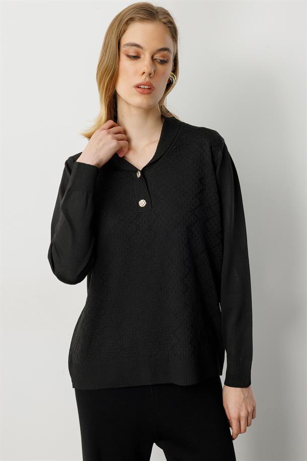 Büyük Beden Düğme Detaylı Triko Kazak-SİYAH