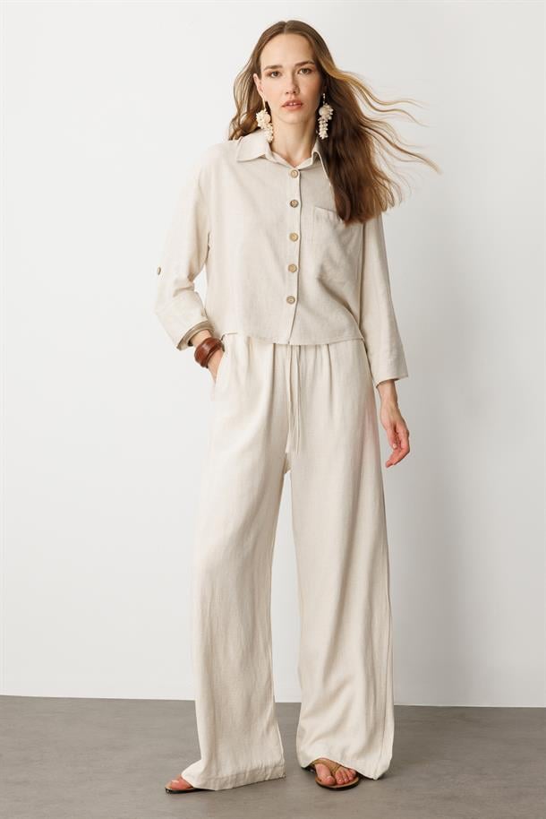 Düğme Detay Keten Görünümlü Gömlek-TAŞ