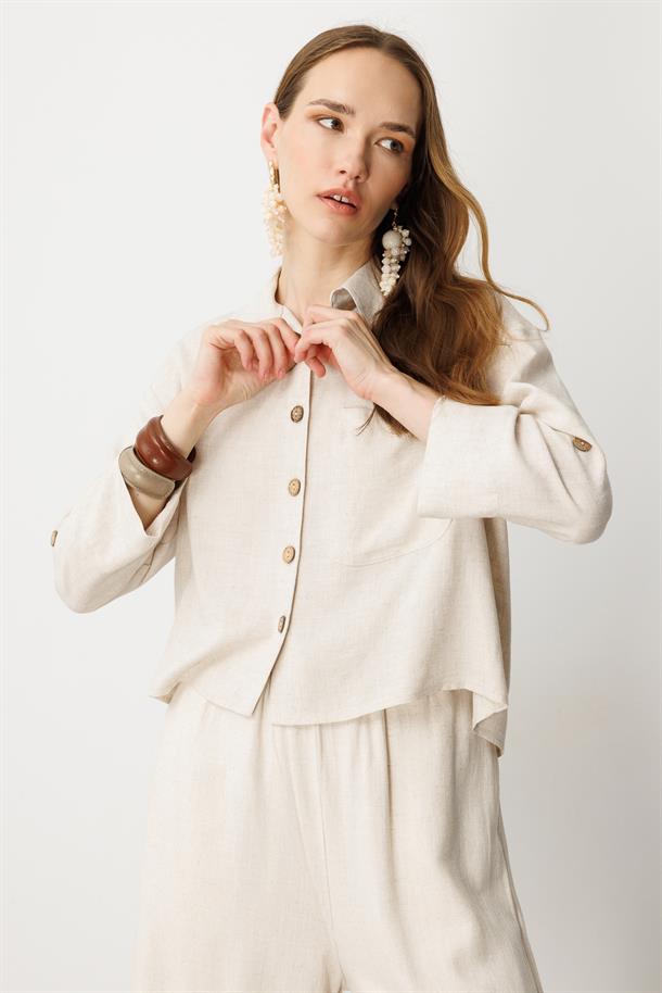 Düğme Detay Keten Görünümlü Gömlek-TAŞ