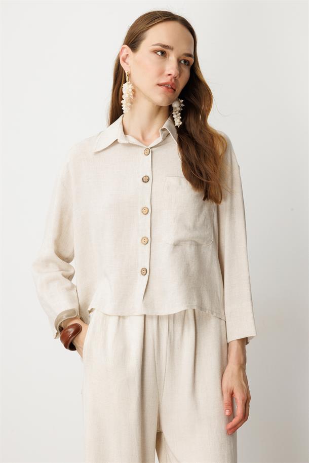 Düğme Detay Keten Görünümlü Gömlek-TAŞ