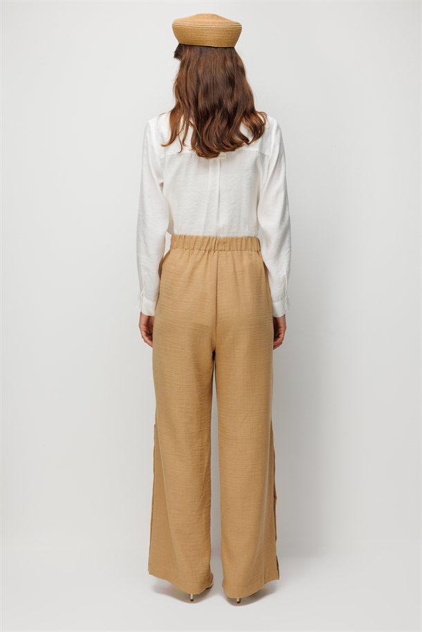 Düğme Detay Keten Görünümlü Pantolon-CAMEL