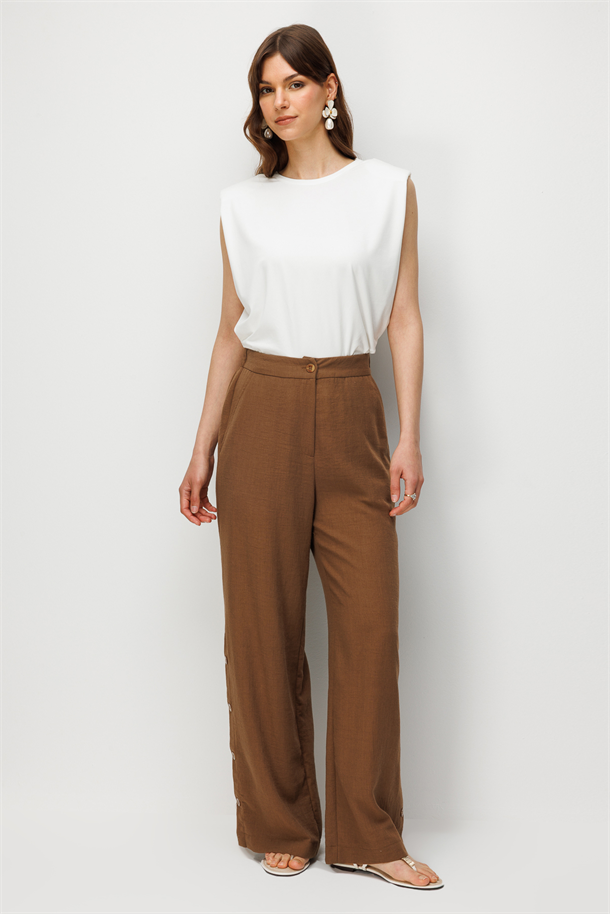 Düğme Detay Keten Görünümlü Pantolon-KAHVE