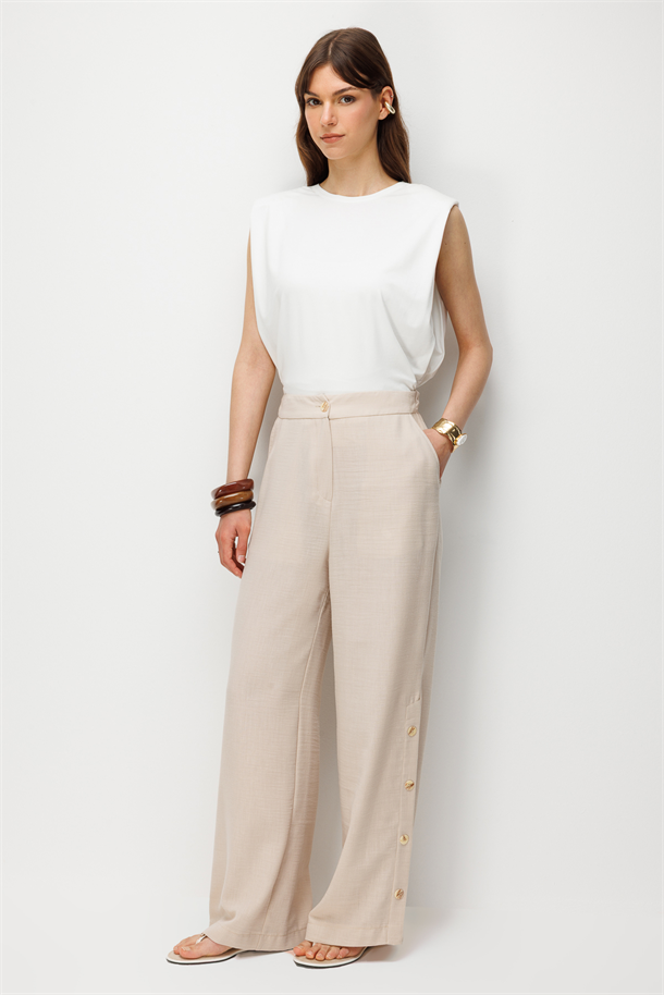 Düğme Detay Keten Görünümlü Pantolon-TAŞ