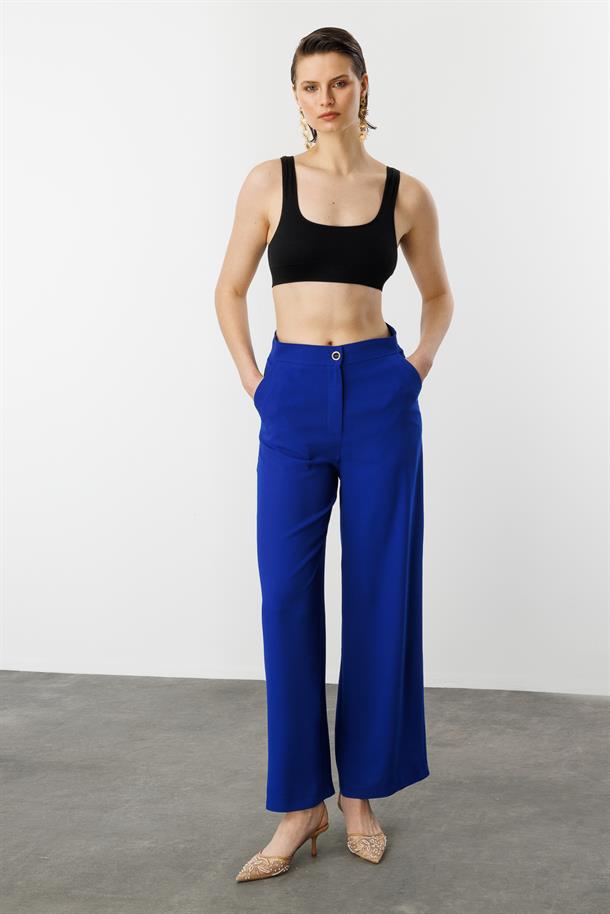 Düğme Detay Krep Pantolon-SAX