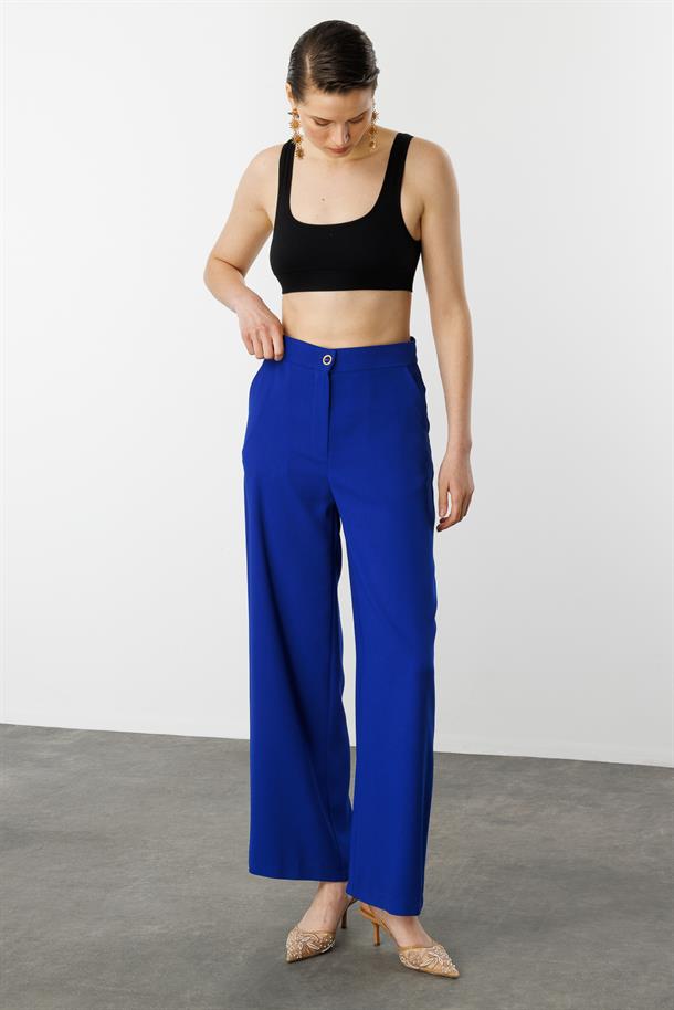 Düğme Detay Krep Pantolon-SAX