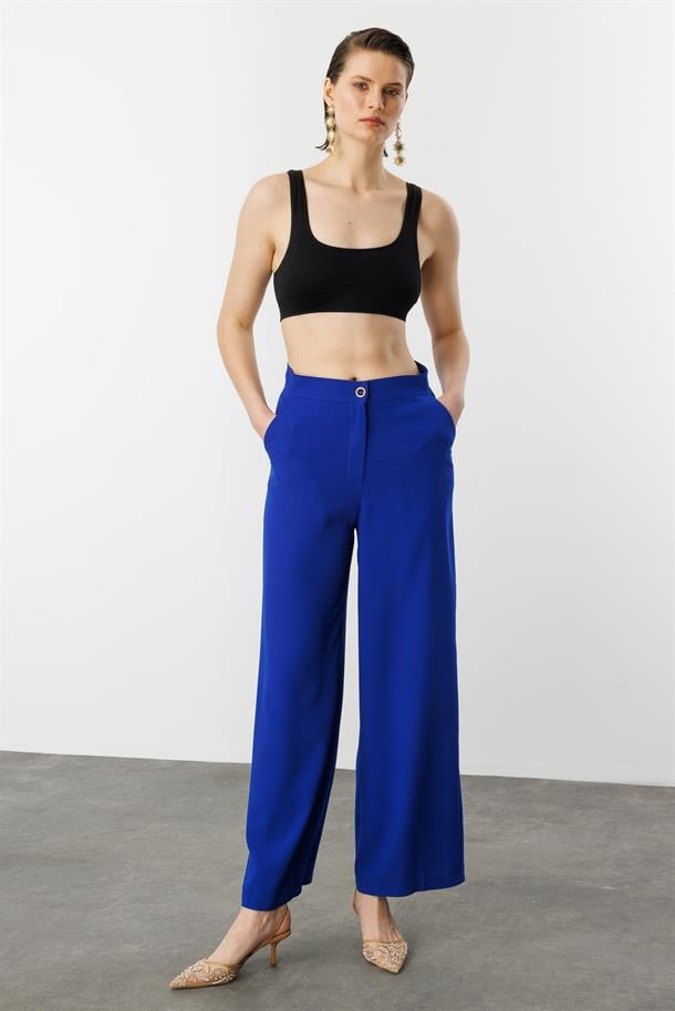 Düğme Detay Krep Pantolon-SAX