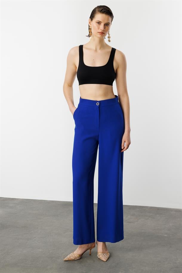 Düğme Detay Krep Pantolon-SAX