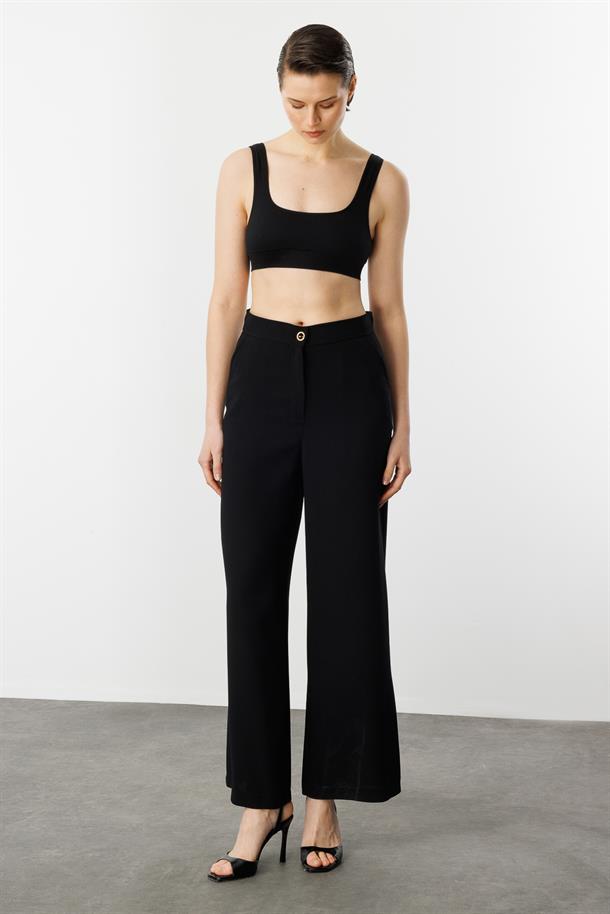 Düğme Detay Krep Pantolon-SİYAH