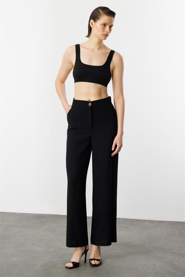 Düğme Detay Krep Pantolon-SİYAH