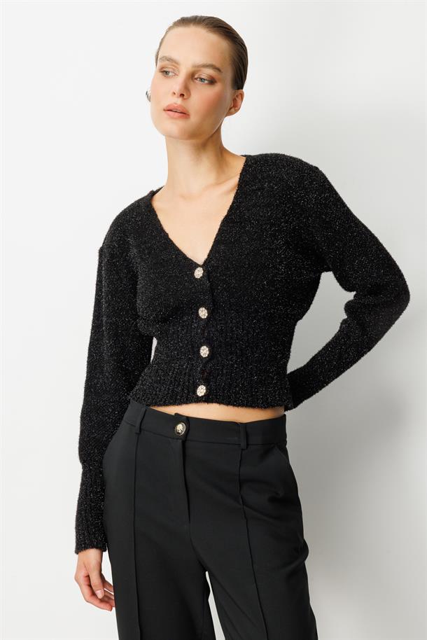 Düğme Detay Simli Kısa Triko Hırka-SİYAH