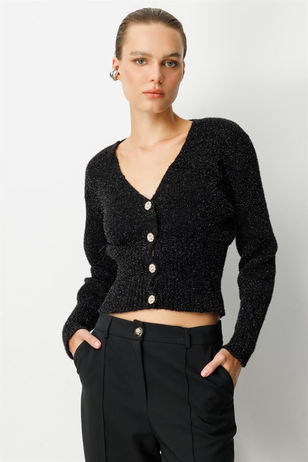 Düğme Detay Simli Kısa Triko Hırka-SİYAH
