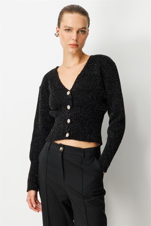 Düğme Detay Simli Kısa Triko Hırka-SİYAH