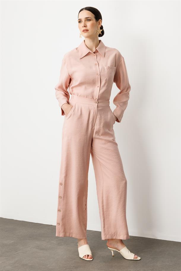 Düğme Detaylı Bol Paça Pantolon-PUDRA