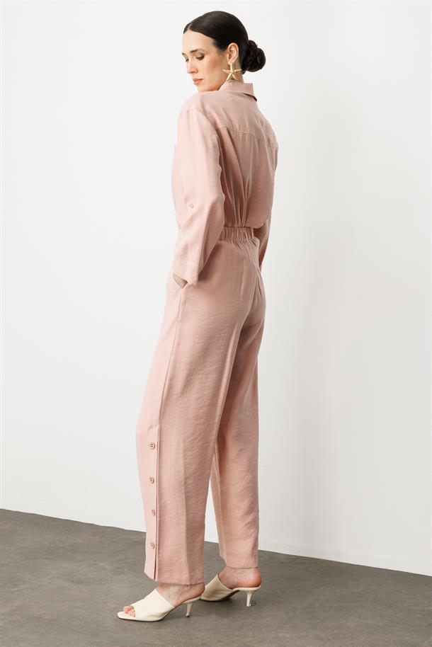 Düğme Detaylı Bol Paça Pantolon-PUDRA