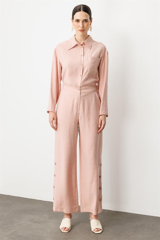 Düğme Detaylı Bol Paça Pantolon-PUDRA