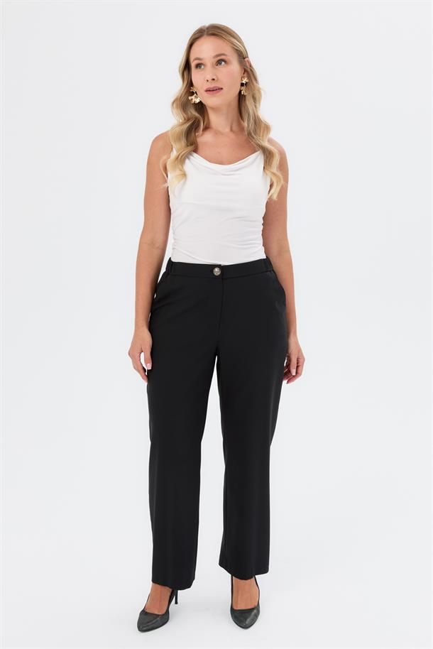 Düğme Detaylı Büyük Beden Pantolon-SİYAH
