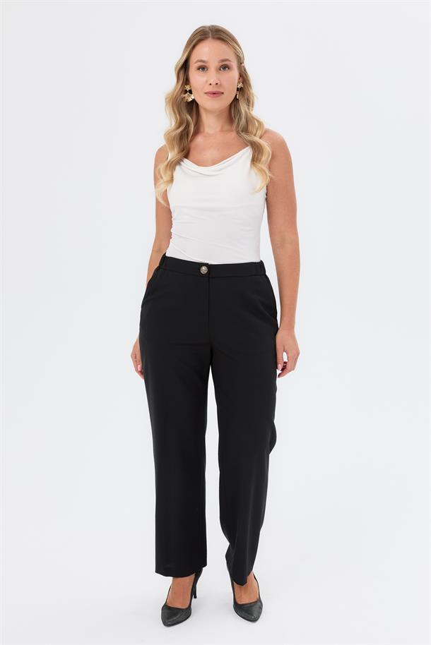 Düğme Detaylı Büyük Beden Pantolon-SİYAH