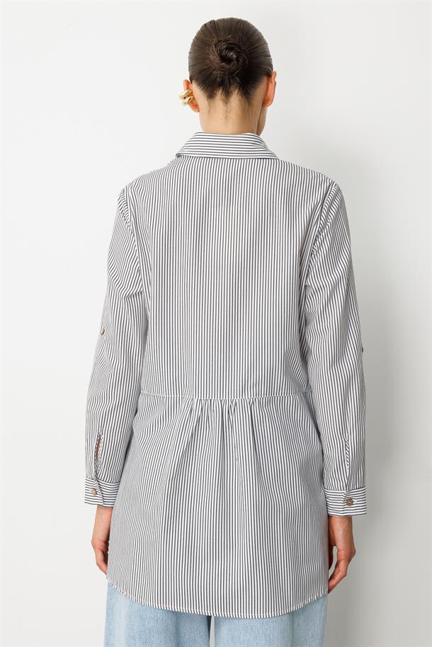 Düğme Detaylı Çizgili Tunik Gömlek-SİYAH/BEYAZ