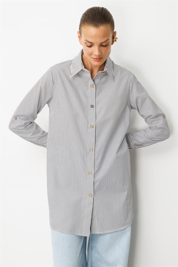 Düğme Detaylı Çizgili Tunik Gömlek-SİYAH/BEYAZ