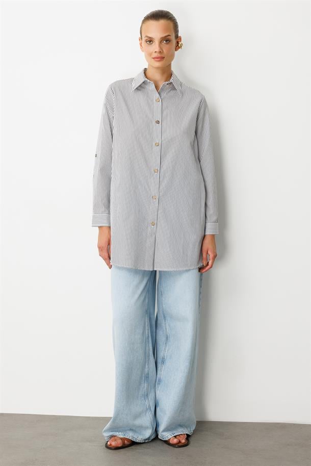 Düğme Detaylı Çizgili Tunik Gömlek-SİYAH/BEYAZ