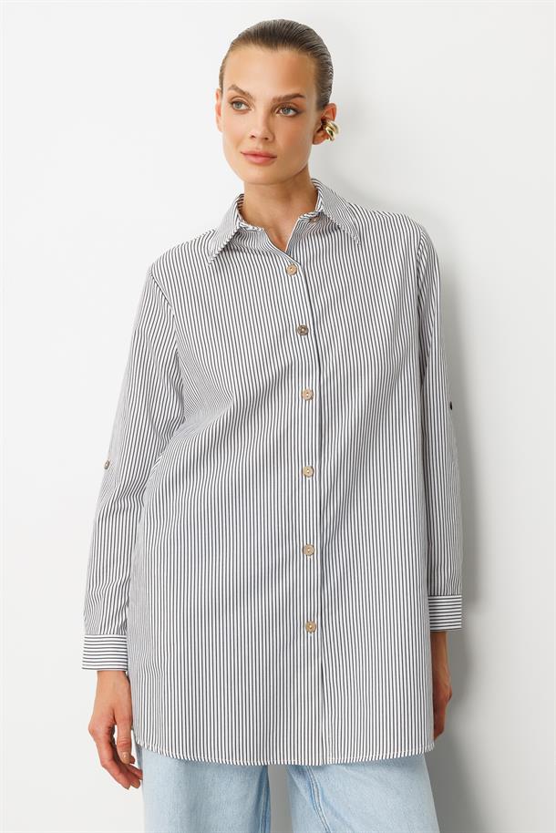 Düğme Detaylı Çizgili Tunik Gömlek-SİYAH/BEYAZ