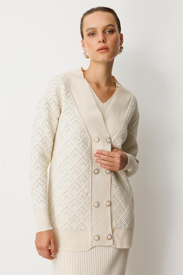 Düğme Detaylı Desenli Triko Hırka-EKRU