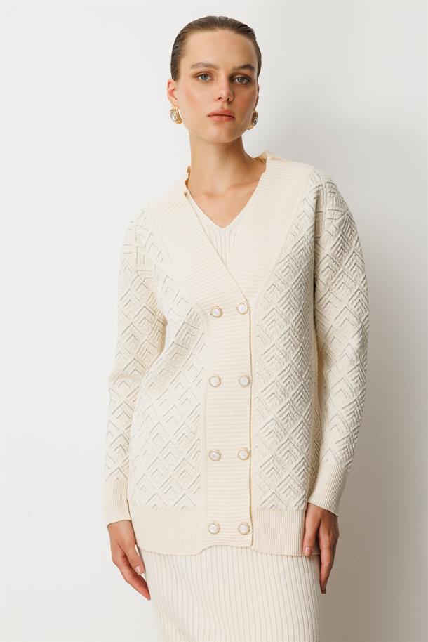 Düğme Detaylı Desenli Triko Hırka-EKRU