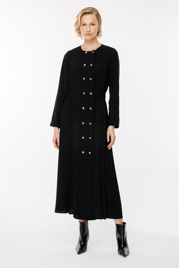 Düğme Detaylı Elbise-SİYAH