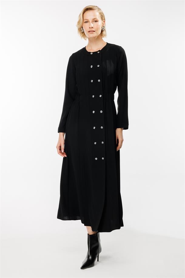 Düğme Detaylı Elbise-SİYAH