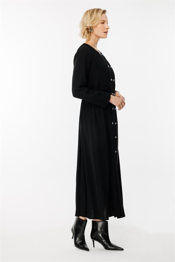 Düğme Detaylı Elbise-SİYAH