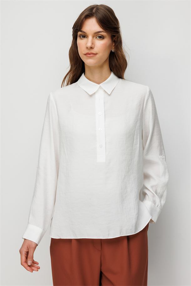 Düğme Detaylı Gömlek Bluz-EKRU