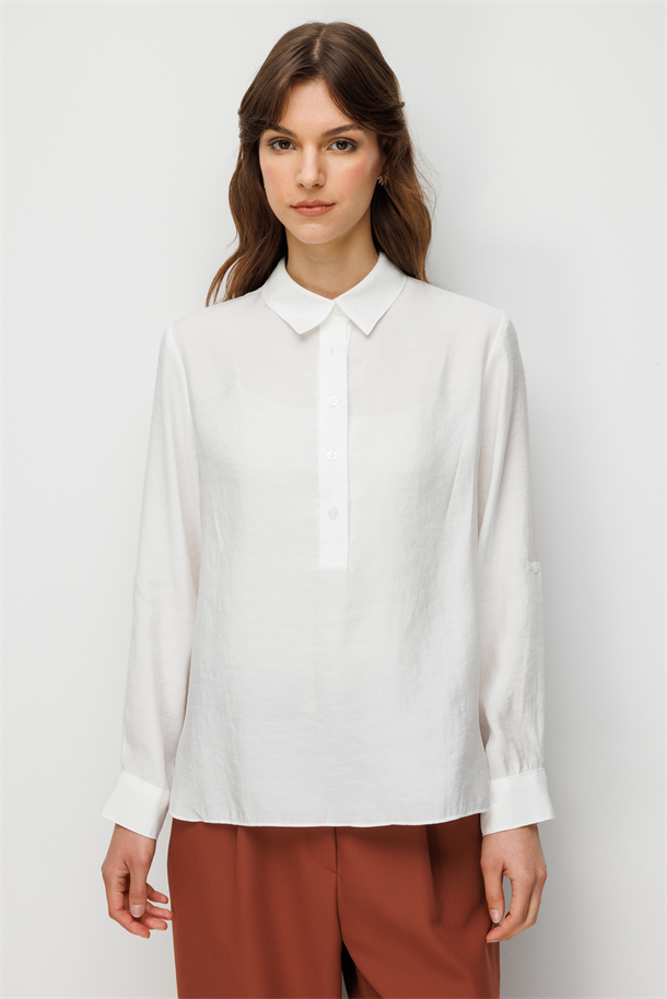 Düğme Detaylı Gömlek Bluz-EKRU