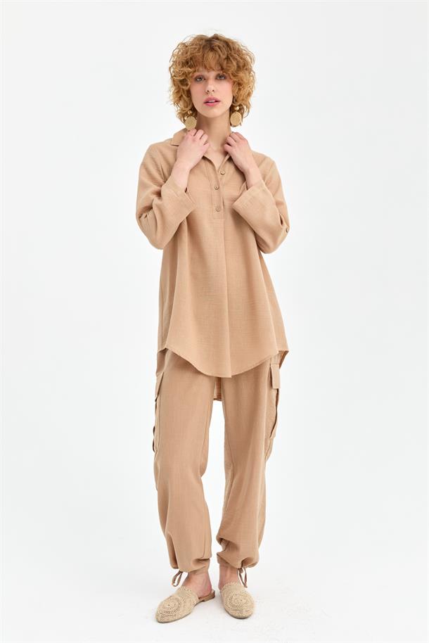 Düğme Detaylı Keten Tunik-CAMEL