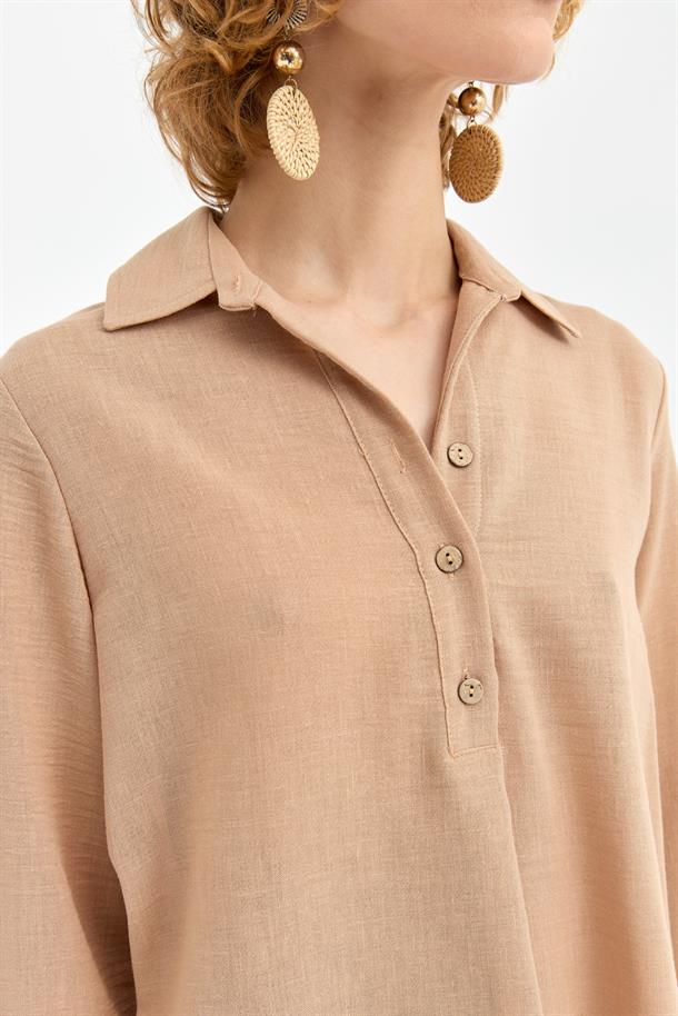 Düğme Detaylı Keten Tunik-CAMEL