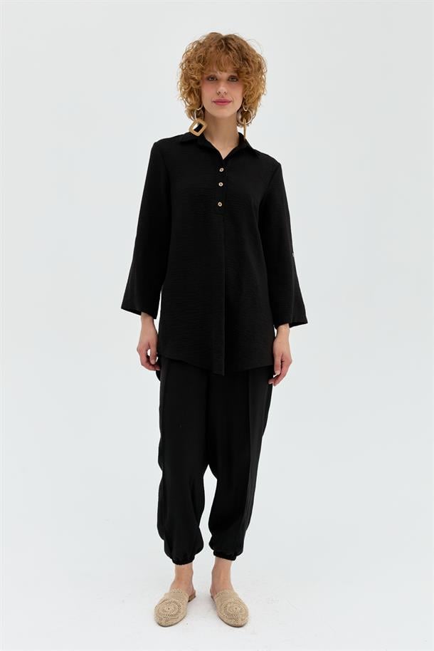 Düğme Detaylı Keten Tunik-SİYAH