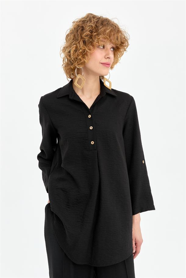 Düğme Detaylı Keten Tunik-SİYAH