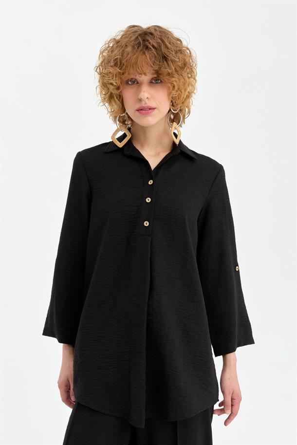Düğme Detaylı Keten Tunik-SİYAH