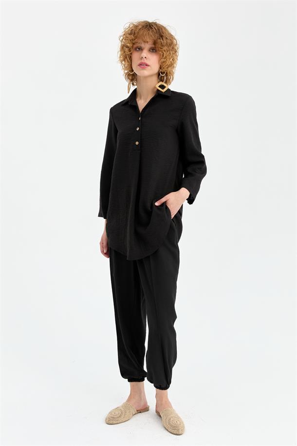 Düğme Detaylı Keten Tunik-SİYAH