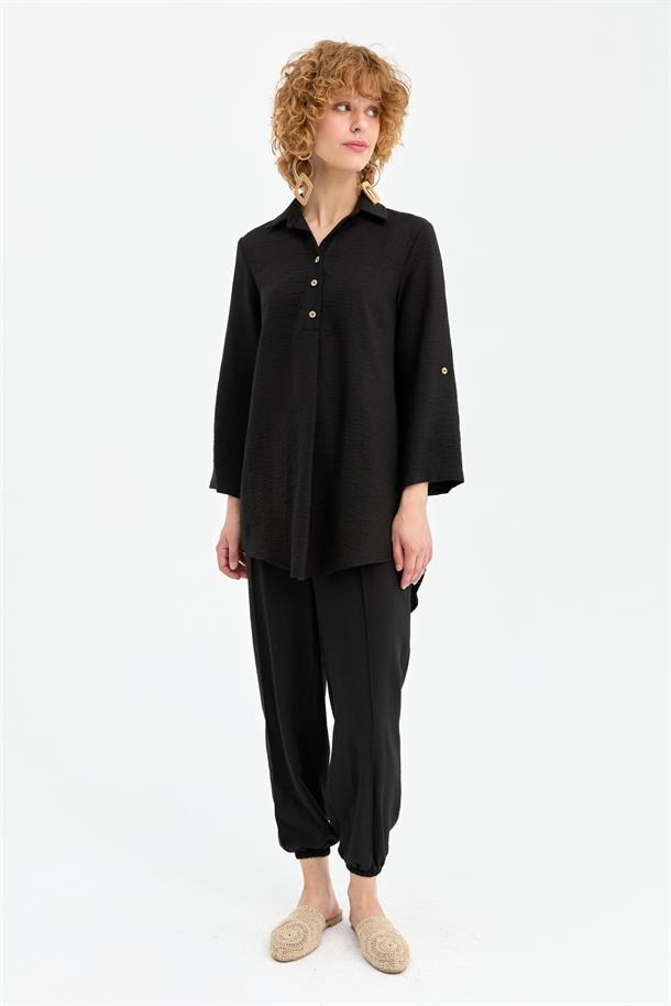 Düğme Detaylı Keten Tunik-SİYAH
