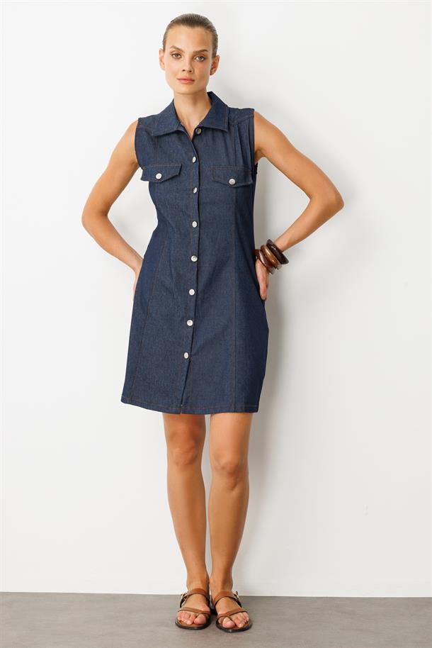 Düğme Detaylı Kot Elbise-MAVİ