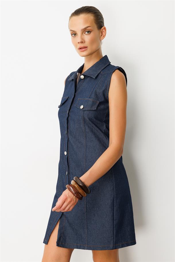 Düğme Detaylı Kot Elbise-MAVİ