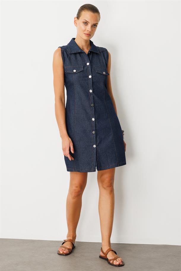 Düğme Detaylı Kot Elbise-MAVİ