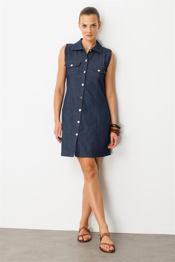 Düğme Detaylı Kot Elbise-MAVİ