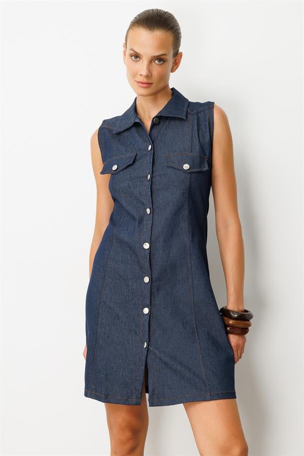 Düğme Detaylı Kot Elbise-MAVİ