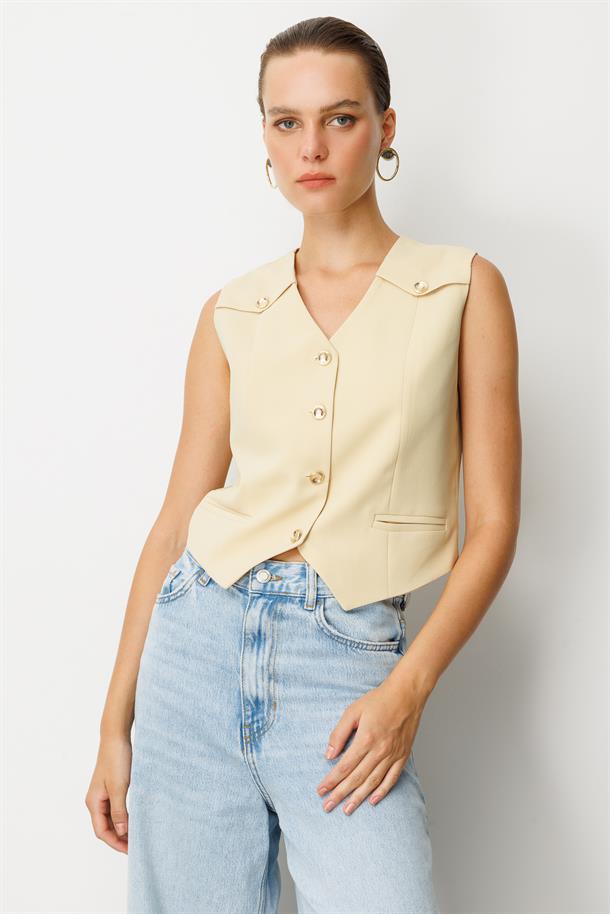 Düğme Detaylı Krep Kumaş Yelek-SARI